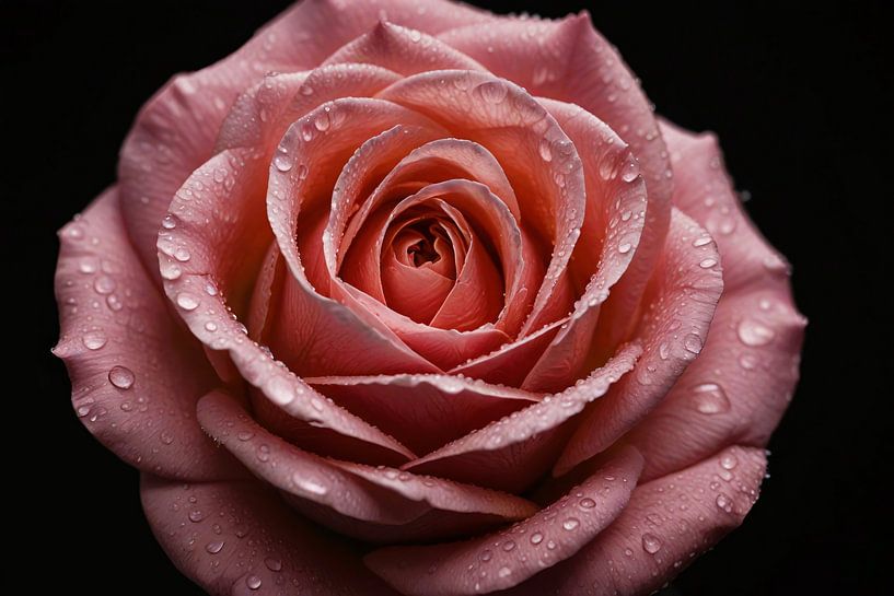 Rose rose avec gouttes de rosée sur fond noir par Art & Soul Creations