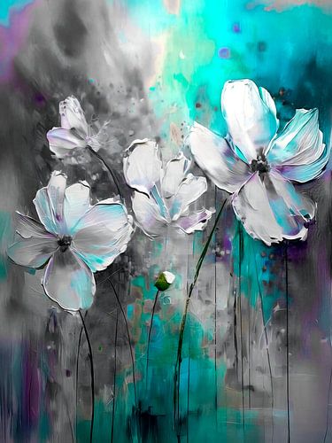 Abstrait moderne : peinture de fleurs en techniques mixtes
