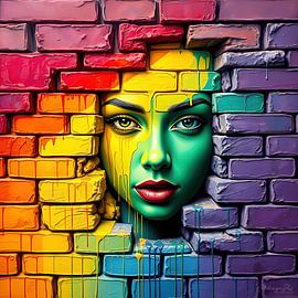 Frau aus der Wand – Im Fluss der Regenbogenfarben. Die Frau, die die Wand durchbricht und das Starre zum Leben erweckt (1 von 3) von AidasignArt