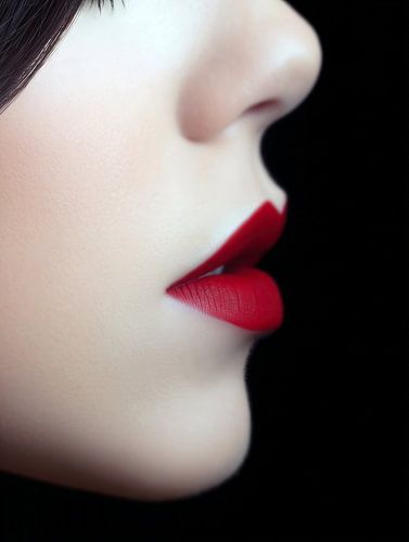 Elegant vrouwelijk profiel met rode lippen op zwarte achtergrond
