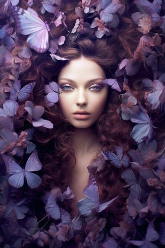 Vrouwelijk portret met paarse vlinders