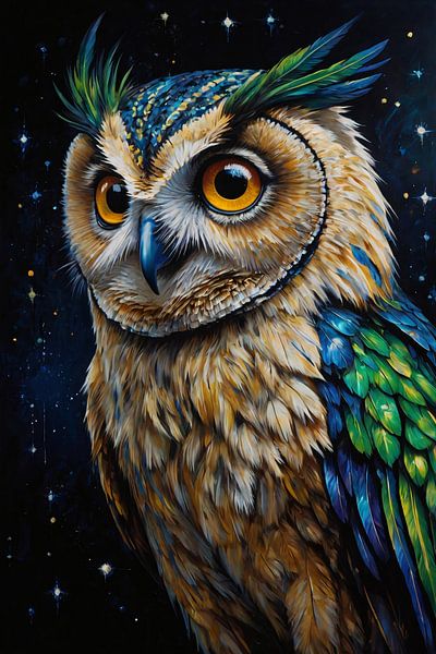 Hibou dans la nuit avec ciel étoilé par Art & Soul Creations