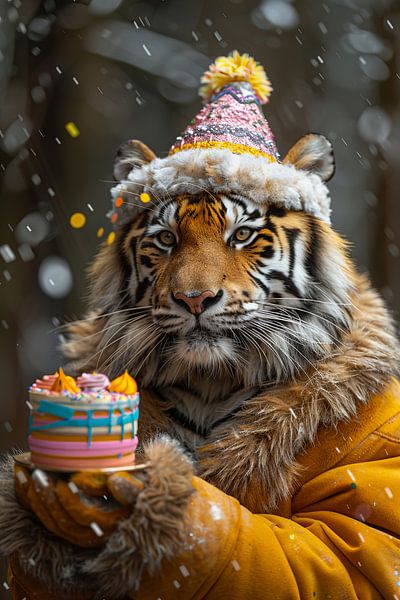 Funny tiger celebrates birthday with cake and party hat by Poster Art Shop