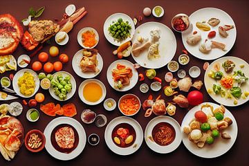 Tafel gevuld met verschillende soorten voedsel Illustratie van Animaflora PicsStock