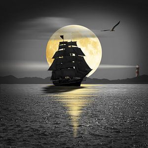 Un bateau avec des voiles noires