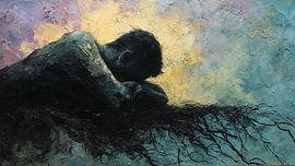 Surrealistisch, op de grond staand, slapend abstract portretschilderij van Aden Pink Studio