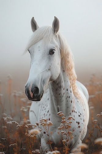 Elegant wit paard in de ochtendmist met bloemen