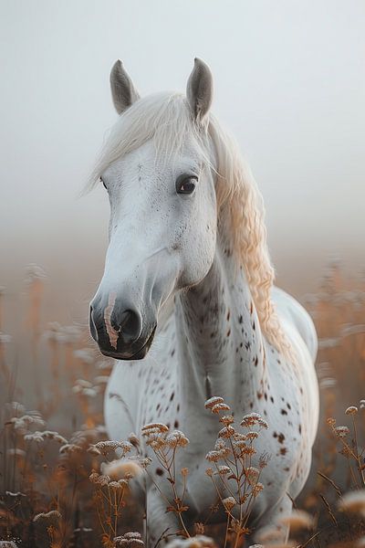 Elegant white horse in the morning mist with flowers by Poster Art Shop