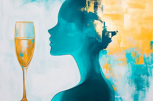 Champagnedromen in blauw en goud Silhouet van een feestelijke moeder