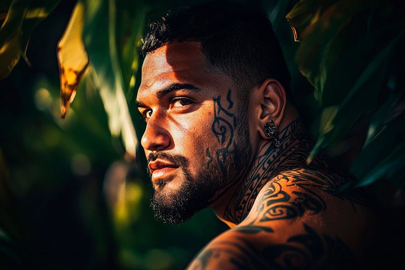 Homme tatoué dans une nature tropicale par Poster Art Shop