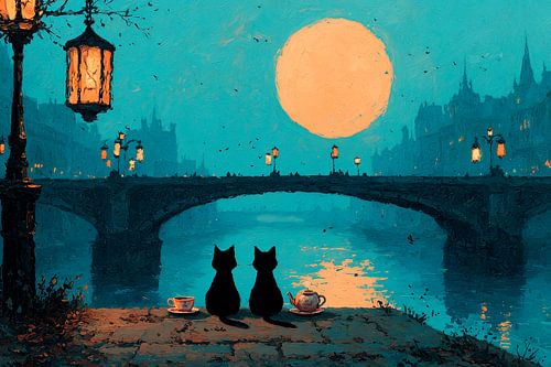 Twee zwarte katten aan de oever van de maan