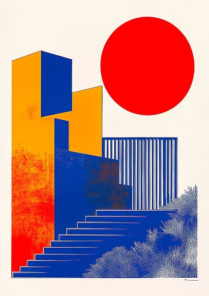 Bauhaus Architecture Red Blue White Yellow Moon by Niklas Maximilian