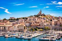 Voiliers dans le vieux port de Marseille avec vue sur la Basilique Notre dame de la garde