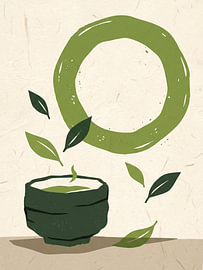 Abstract Matcha Ritual With Floating Leaves And Circular Green Harmony by my pixel art