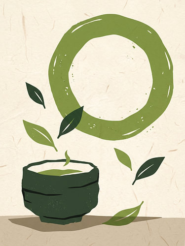 Abstract Matcha Ritual With Floating Leaves And Circular Green Harmony