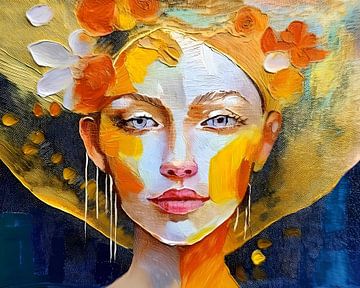 Modern portret van een vrouw in oranje en blauw van Studio Pieternel