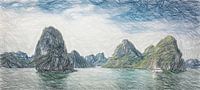 Panorama Halong Bay, Vietnam, tekening van Rietje Bulthuis thumbnail