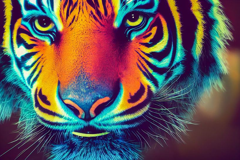 Portrait d'une tête de tigre multicolore, Generative AI Art Illustration 05 par Animaflora PicsStock