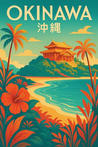 Okinawa Tropisch Toevluchtsoord - Eiland Tempel & Hibiscus Kust Kunstdruk