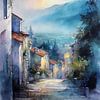 Peinture à l'aquarelle - Lumière du soir sur le village sur Dessins et peintures de Peter Pen