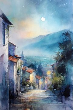 Aquarellgemälde – Abendlicht über dem Dorf von Peter Pen Zeichnungen und Gemälde