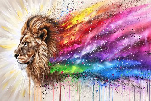 Majestueuze leeuw met kleurrijke regenboog manen