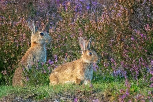 Konijntjes op de heide - schilderij