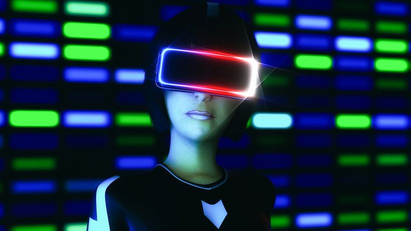 een jonge vrouw met een virtual reality headset in cyberspace (3d van Rainer Zapka