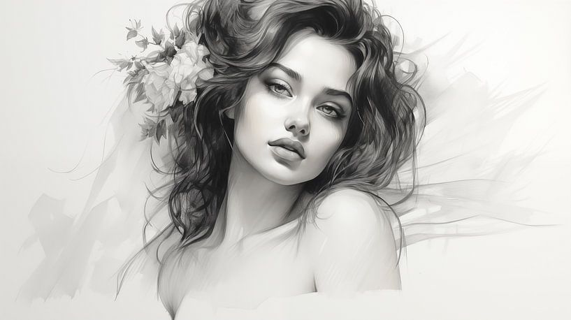 Frauenporträt-Zeichnung, Bleistiftzeichnung im Vintage-Stil von Animaflora PicsStock