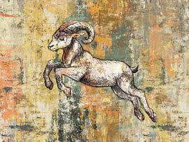 Sprung nach vorn - Steinbock auf buntem Hintergrund von Emiel de Lange