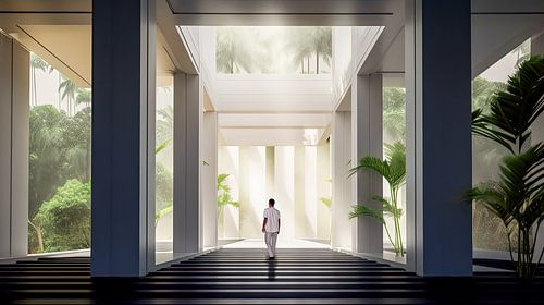 Nature, architecture and a man in a panorama