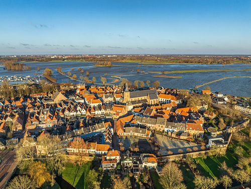 Hattem aan de oever van de IJssel met overlopende uiterwaarden