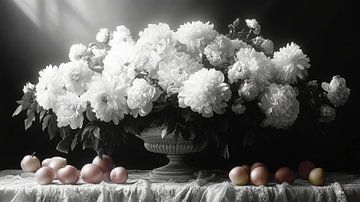 zwart wit stilleven van bloemen en fruit in een extreem dramatisch licht van Gelissen Artworks