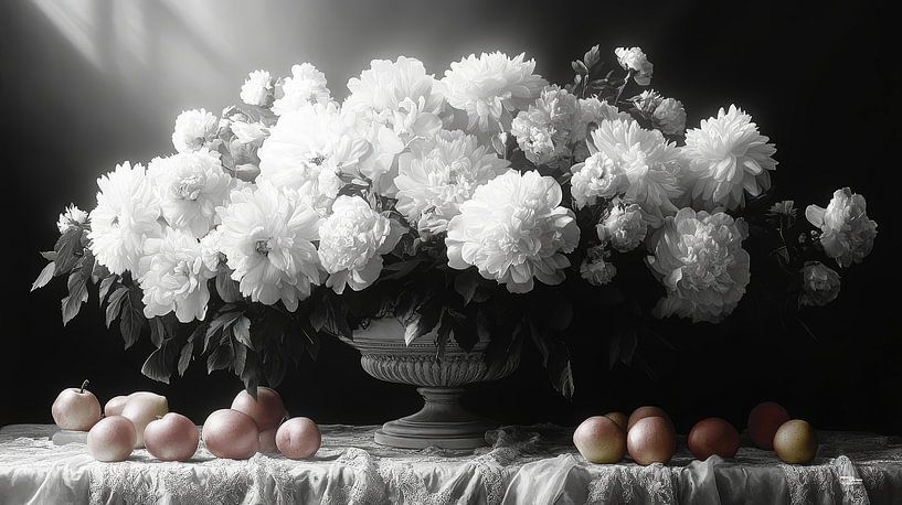Black and white still life of flowers and fruit in extremely dramatic light by Gelissen Artworks