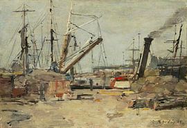 The Trawlers by Eugène Boudin. Retro seaport scene in earth tones by Dina Dankers