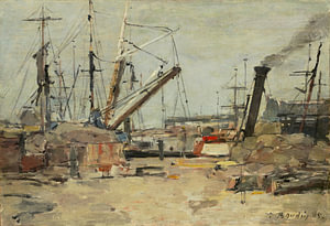 Die Trawler von Eugène Boudin. Retro-Hafenszene in Erdtönen