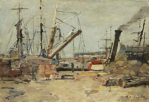 De Trawlers door Eugène Boudin. Retro zeehaventafereel in aardetinten