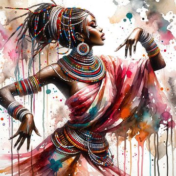 Afrikaanse danseres aquarel #1 van Chromatic Fusion Studio