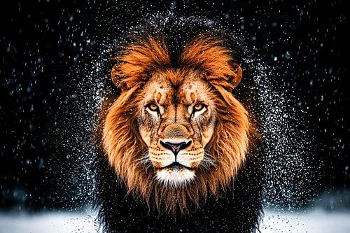 Krachtige leeuw in de sneeuw