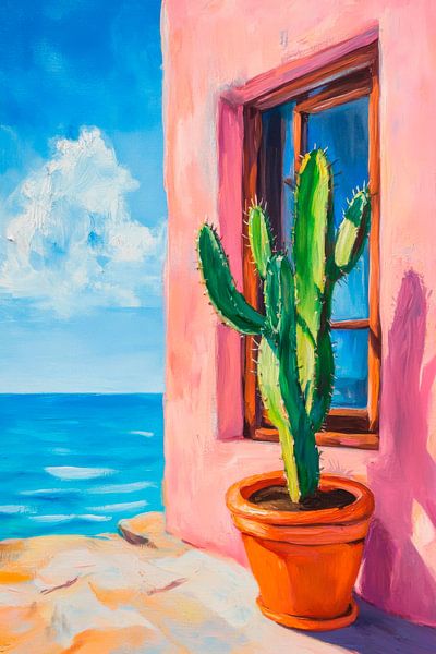 Kaktus vor farbenfrohem Fenster von Poster Art Shop