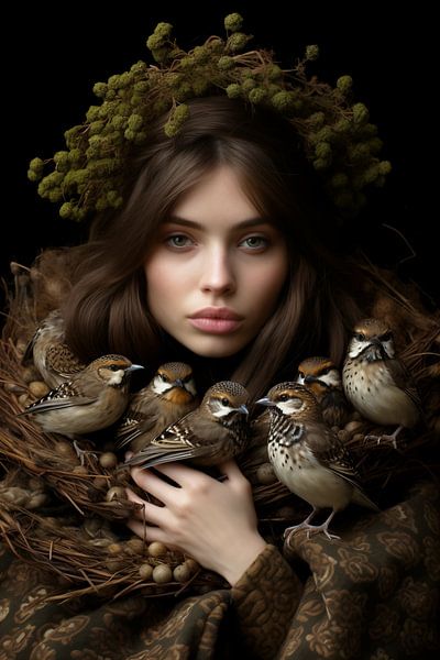 Nature's Crown: Woman with the Bird's Nest by PixelMint.