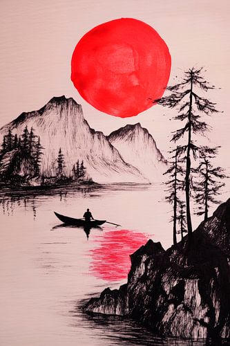 Schilderachtig landschap met rode zon van Poster Art Shop