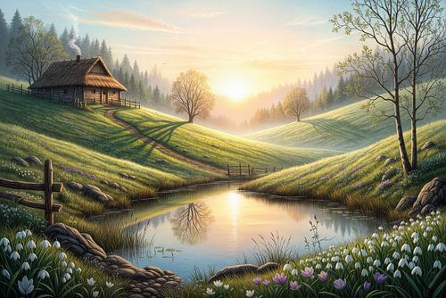 Log Cabin and Pond Landscape at Sunrise