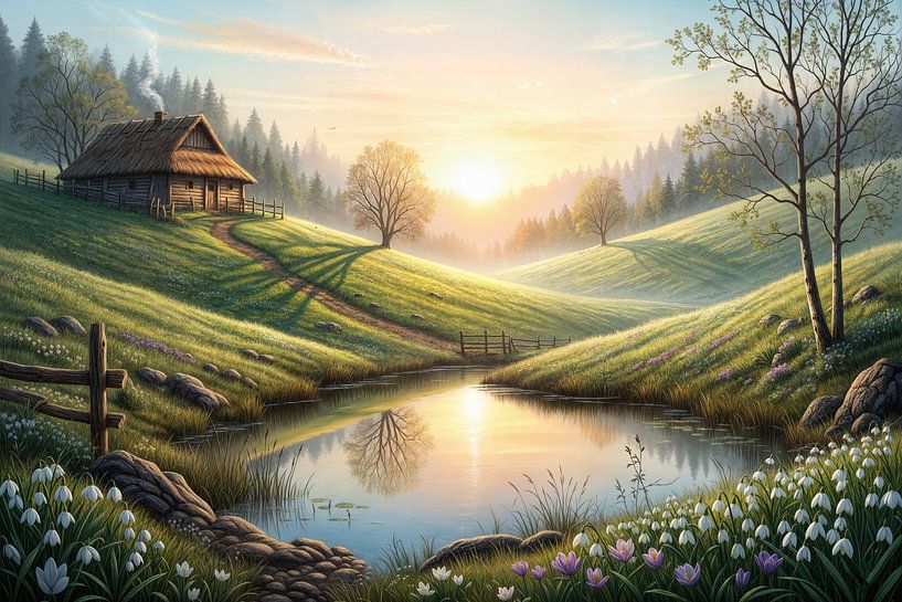 Log Cabin and Pond Landscape at Sunrise by Markus Gann