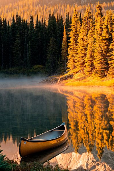 Canoe on a quiet forest lake at sunrise by Poster Art Shop