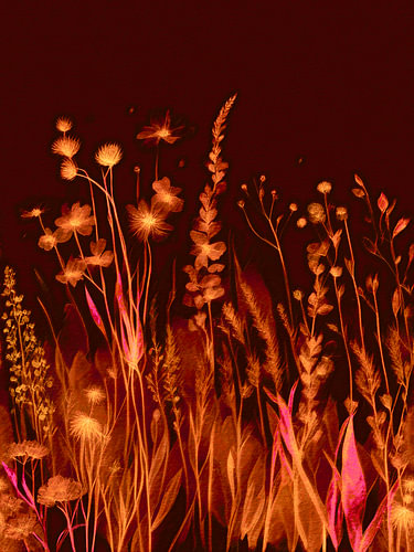 Modern abstract bloemenlandschap in oranje, rood, bruin en magenta