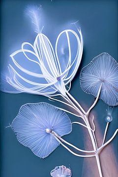 Blauw XVI - bloem en planten in witte lijnen van Lily van Riemsdijk - Art Prints met Kleur