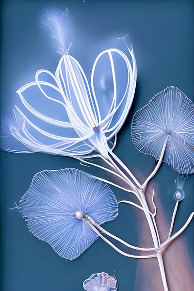 Blue XVI - flower and plants in white lines by Lily van Riemsdijk - Art Prints with Color