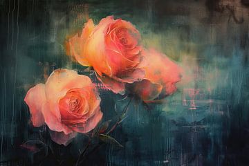 Peinture Roses Néon | NeonBloom sur Kunst Kriebels