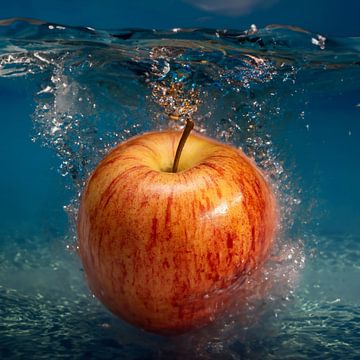 De rode druppel: een appel, gevangen op het moment van onderdompeling. van Horst Dreisbach